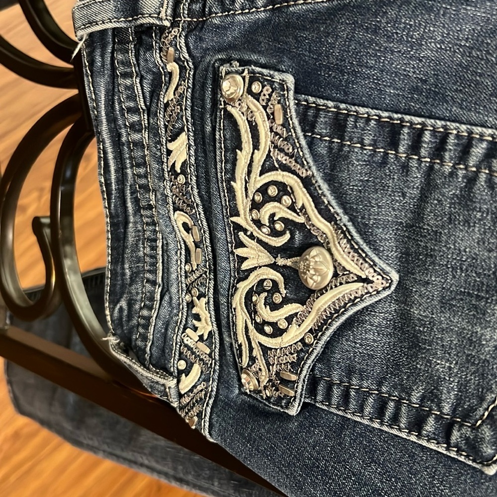 Miss Me Women's Skinny Jeans - Dark Blue with Cream Embellishments